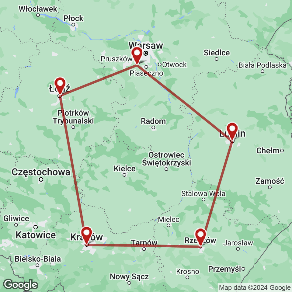Route for Warsaw, Lodz, Krakow, Rzeszow, Lublin, Warsaw tour